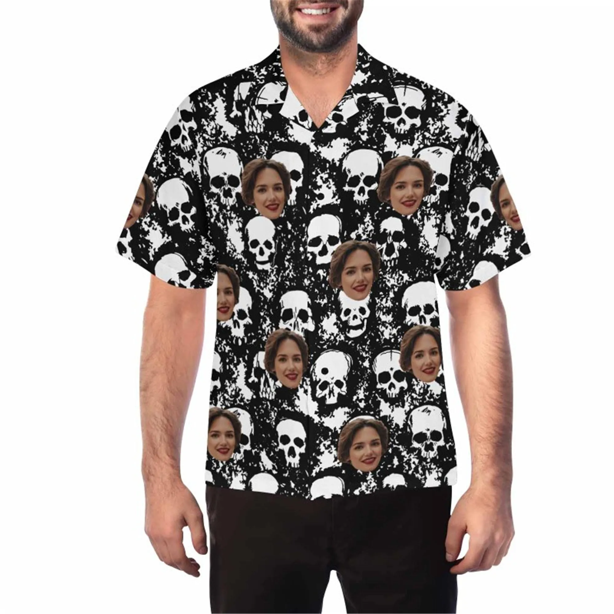 Custom Halloween Skull Hawaiian Shirt with Wife Face for Men Personalized Photo Aloha Beach Tropical Flower Shirts