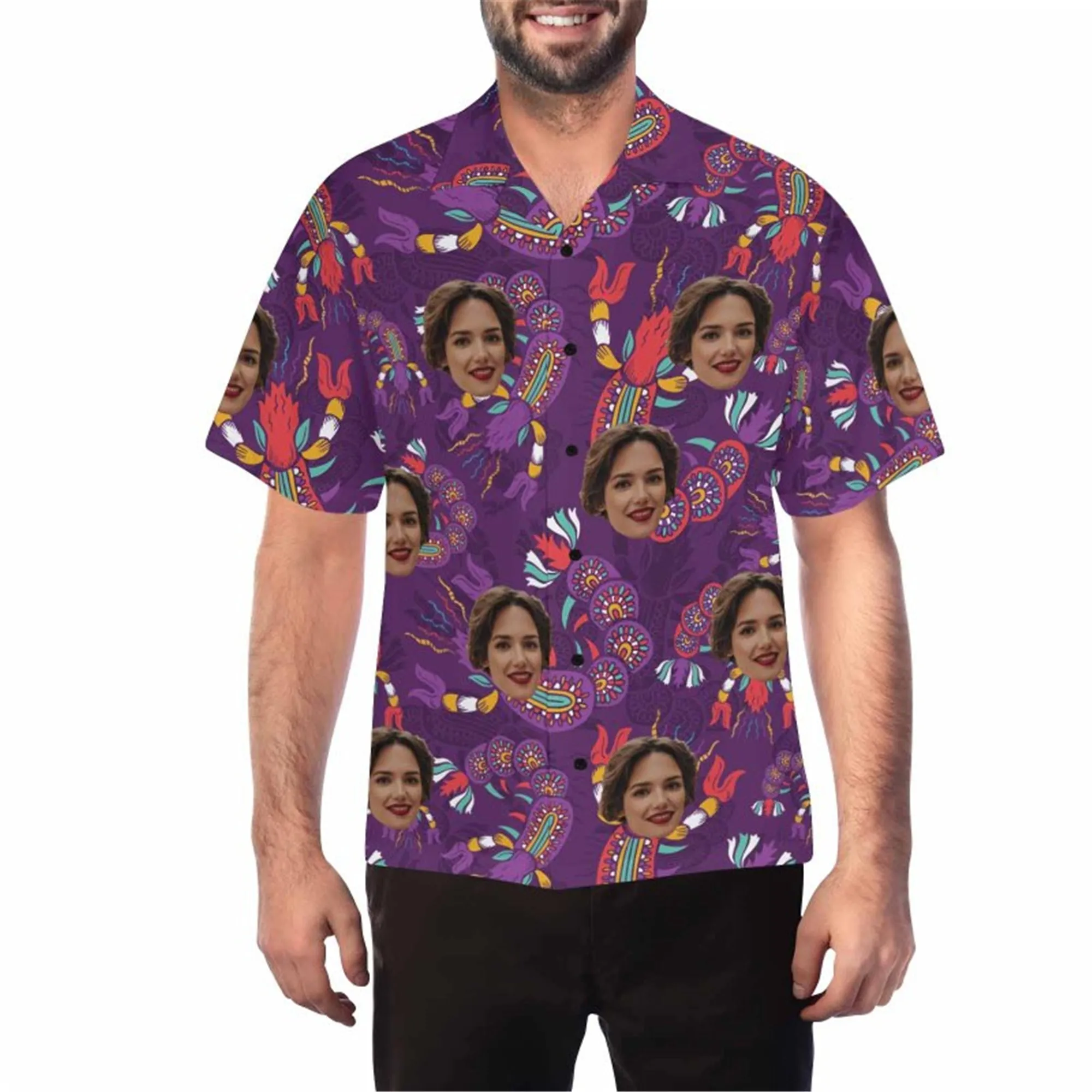 Custom Halloween Skull Hawaiian Shirt with Wife Face for Men Personalized Photo Aloha Beach Tropical Flower Shirts