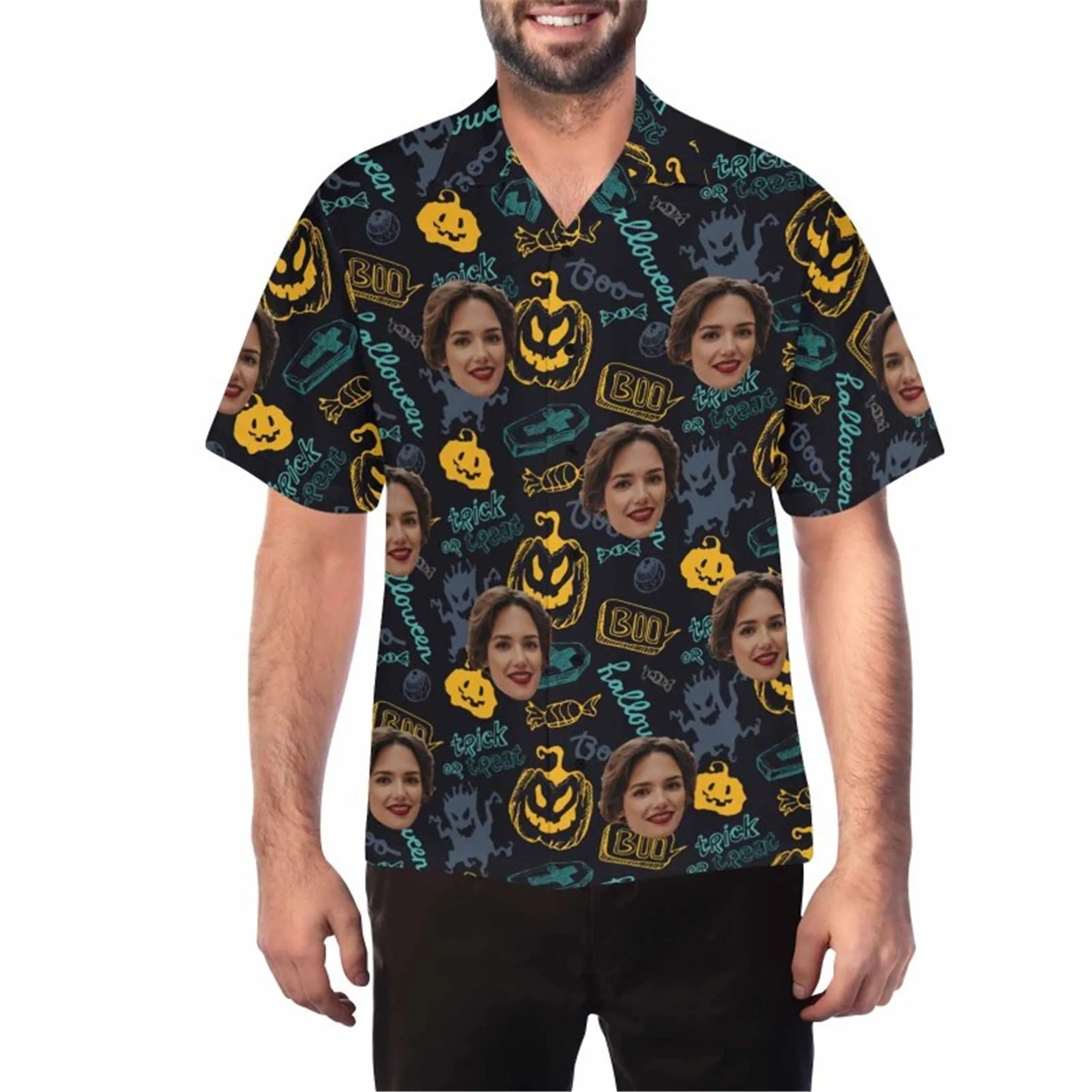 Custom Halloween Skull Hawaiian Shirt with Wife Face for Men Personalized Photo Aloha Beach Tropical Flower Shirts