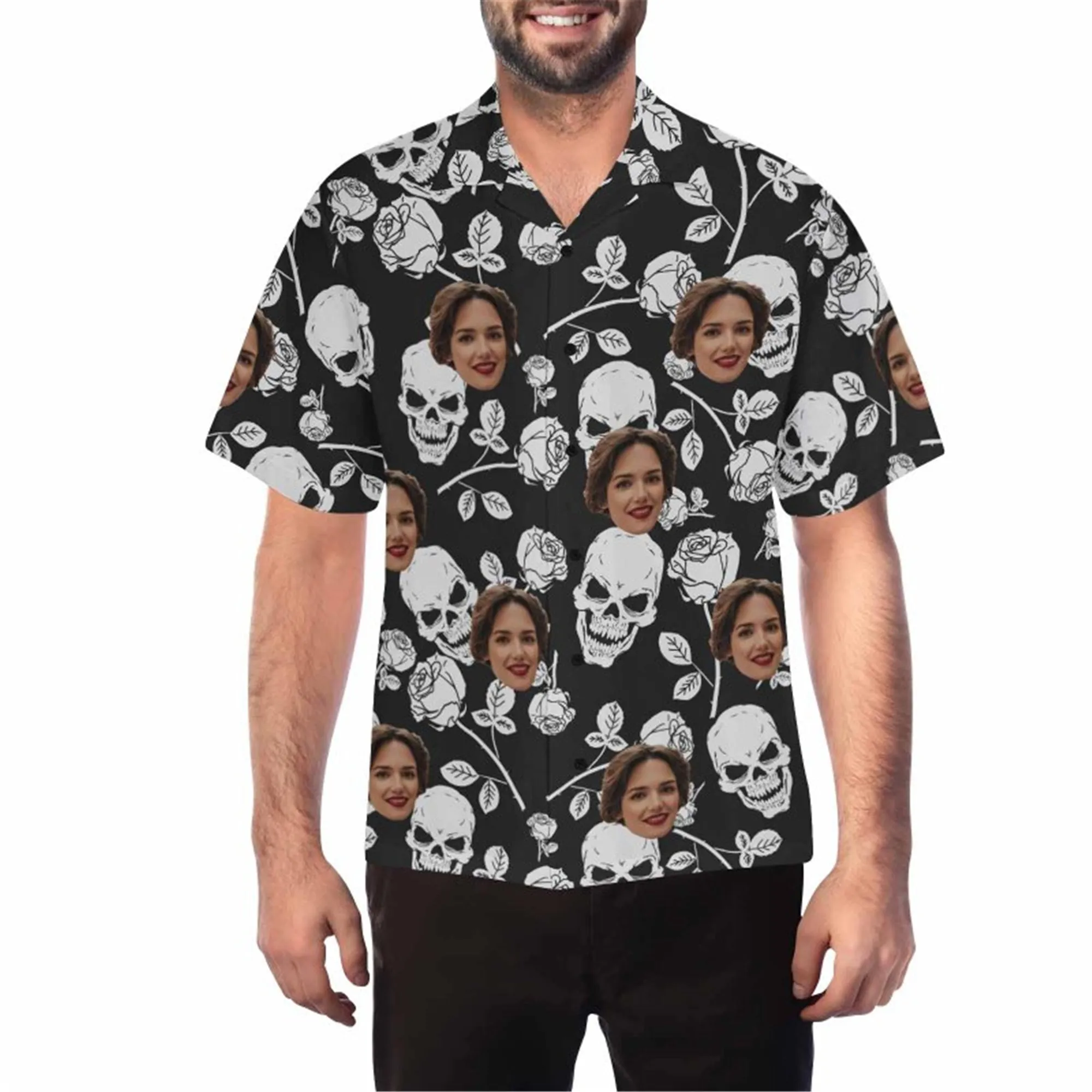Custom Halloween Skull Hawaiian Shirt with Wife Face for Men Personalized Photo Aloha Beach Tropical Flower Shirts