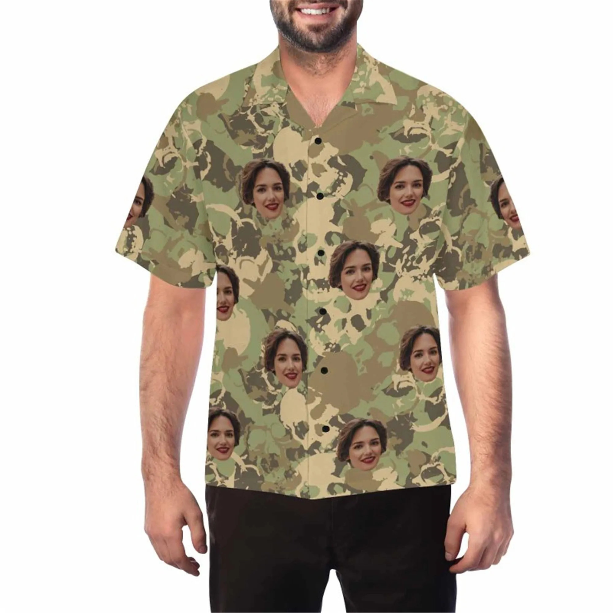 Custom Halloween Skull Hawaiian Shirt with Wife Face for Men Personalized Photo Aloha Beach Tropical Flower Shirts
