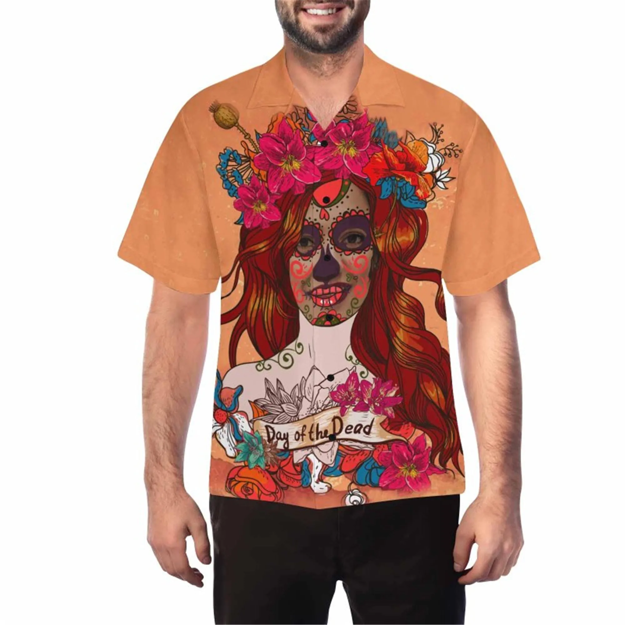 Custom Halloween Skull Hawaiian Shirt with Wife Face for Men Personalized Photo Aloha Beach Tropical Flower Shirts