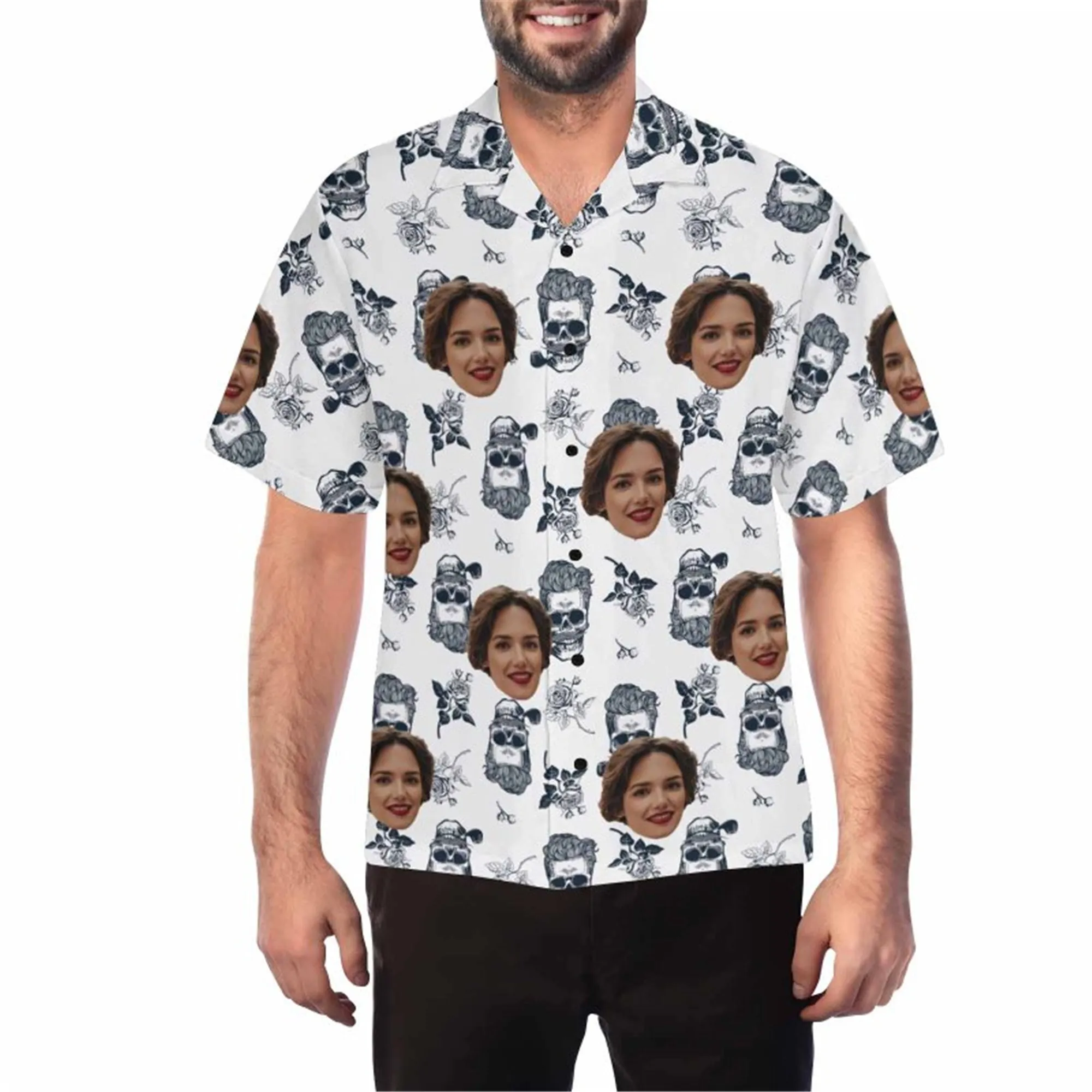 Custom Halloween Skull Hawaiian Shirt with Wife Face for Men Personalized Photo Aloha Beach Tropical Flower Shirts