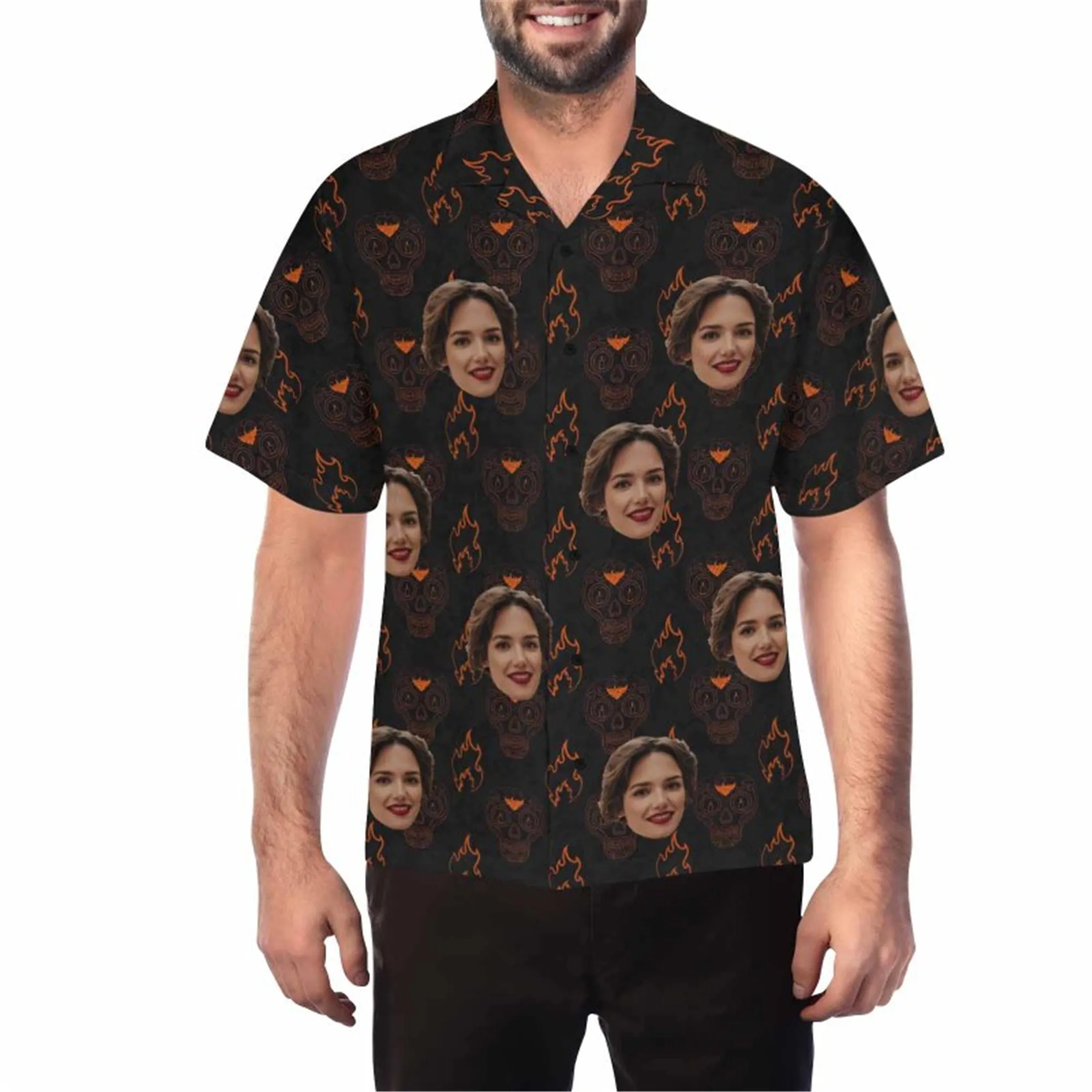 Custom Halloween Skull Hawaiian Shirt with Wife Face for Men Personalized Photo Aloha Beach Tropical Flower Shirts