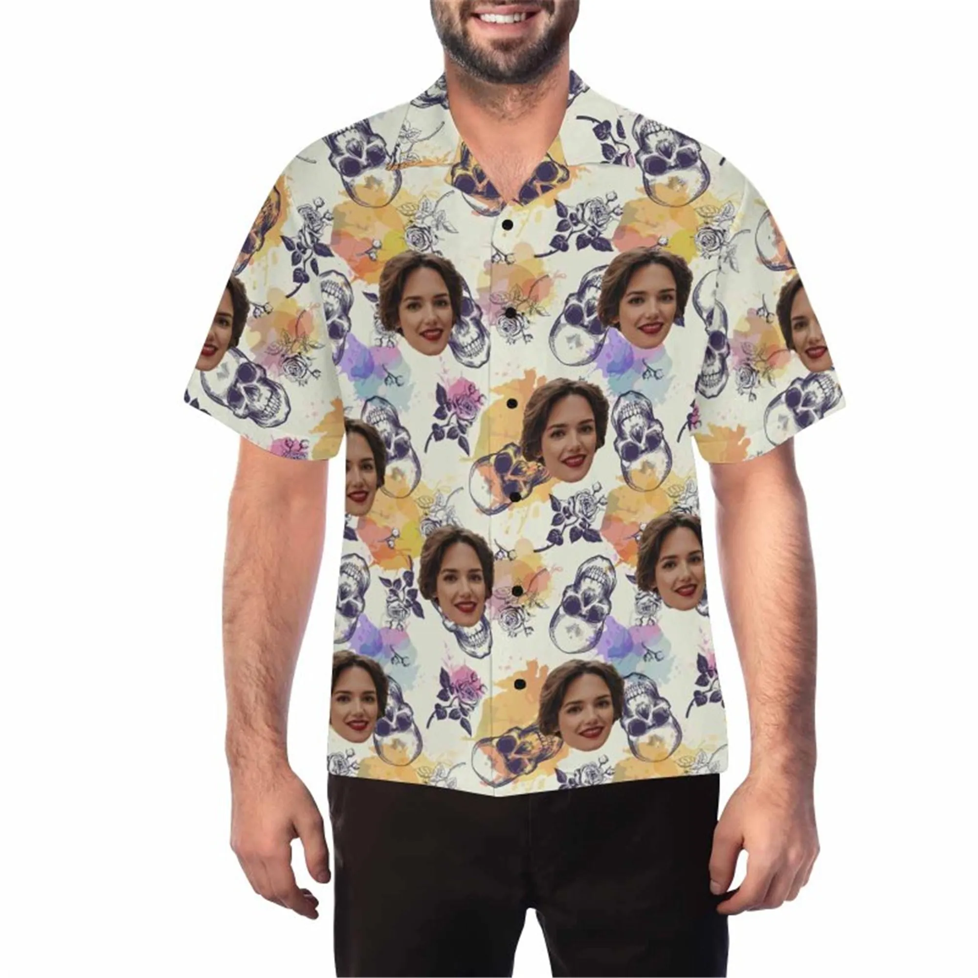 Custom Halloween Skull Hawaiian Shirt with Wife Face for Men Personalized Photo Aloha Beach Tropical Flower Shirts