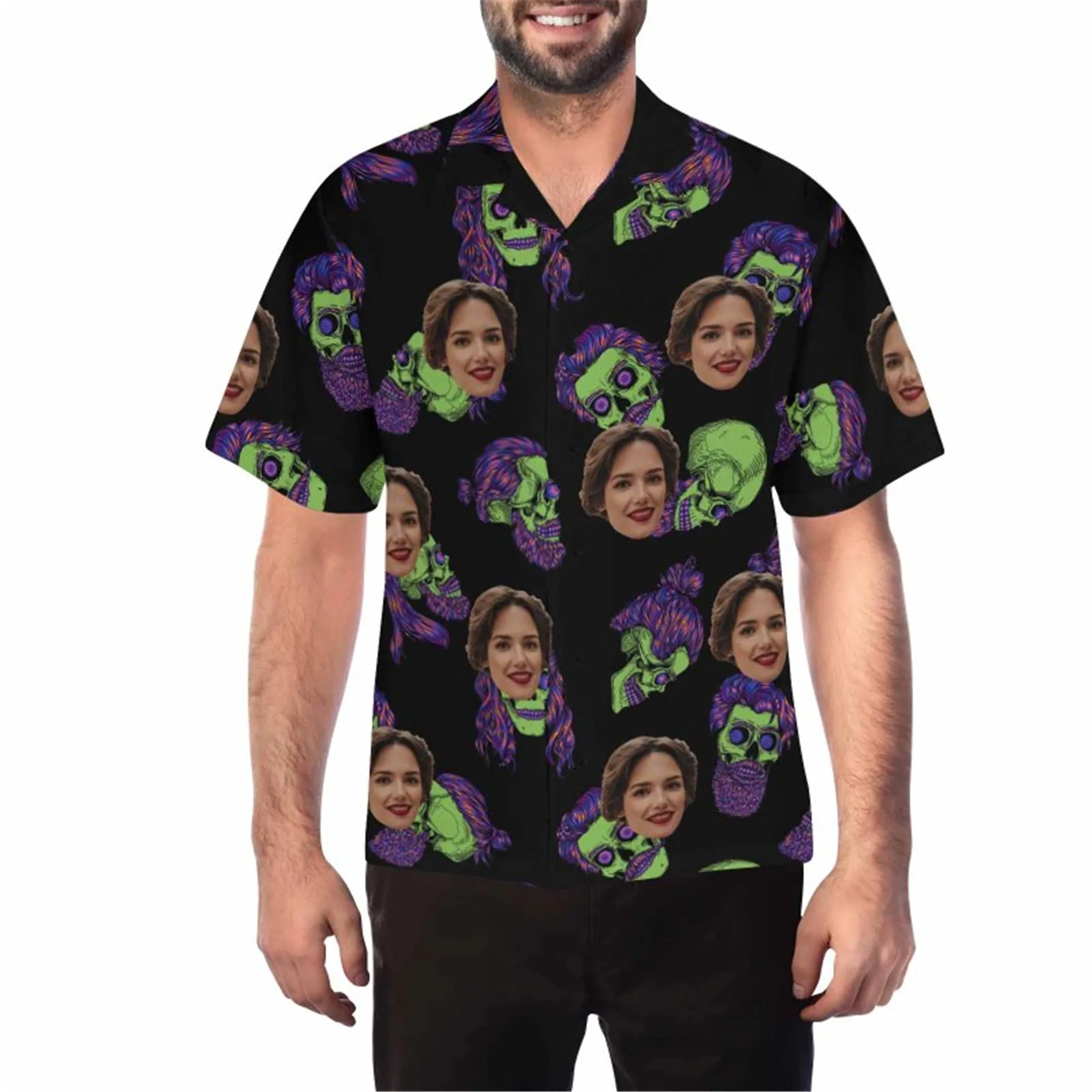 Custom Halloween Skull Hawaiian Shirt with Wife Face for Men Personalized Photo Aloha Beach Tropical Flower Shirts