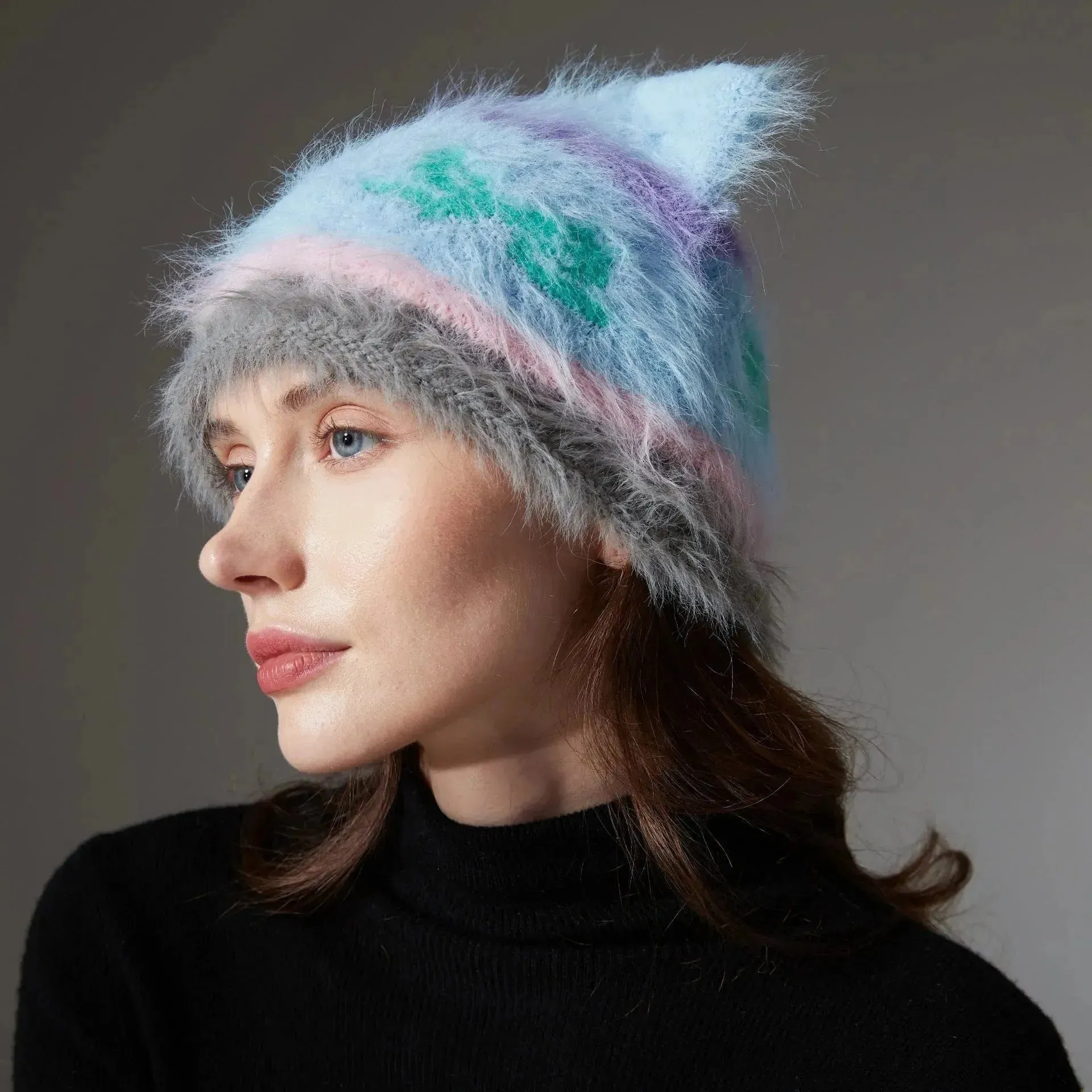Cute Cat Ears Knitted Hat Earflaps Slipover Woolen Cap Beanies