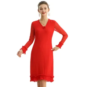 D099 Women silk plissé chiffon long sleeves ruffle detailed straight cut midi party dress