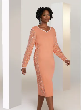 Donna Vinci 13414 - Peach - Rhinestone Trim Knit Dress
