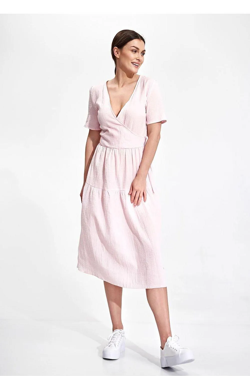 Elegant Flared Midi Envelope Dress with Short Sleeves and Chic Accents