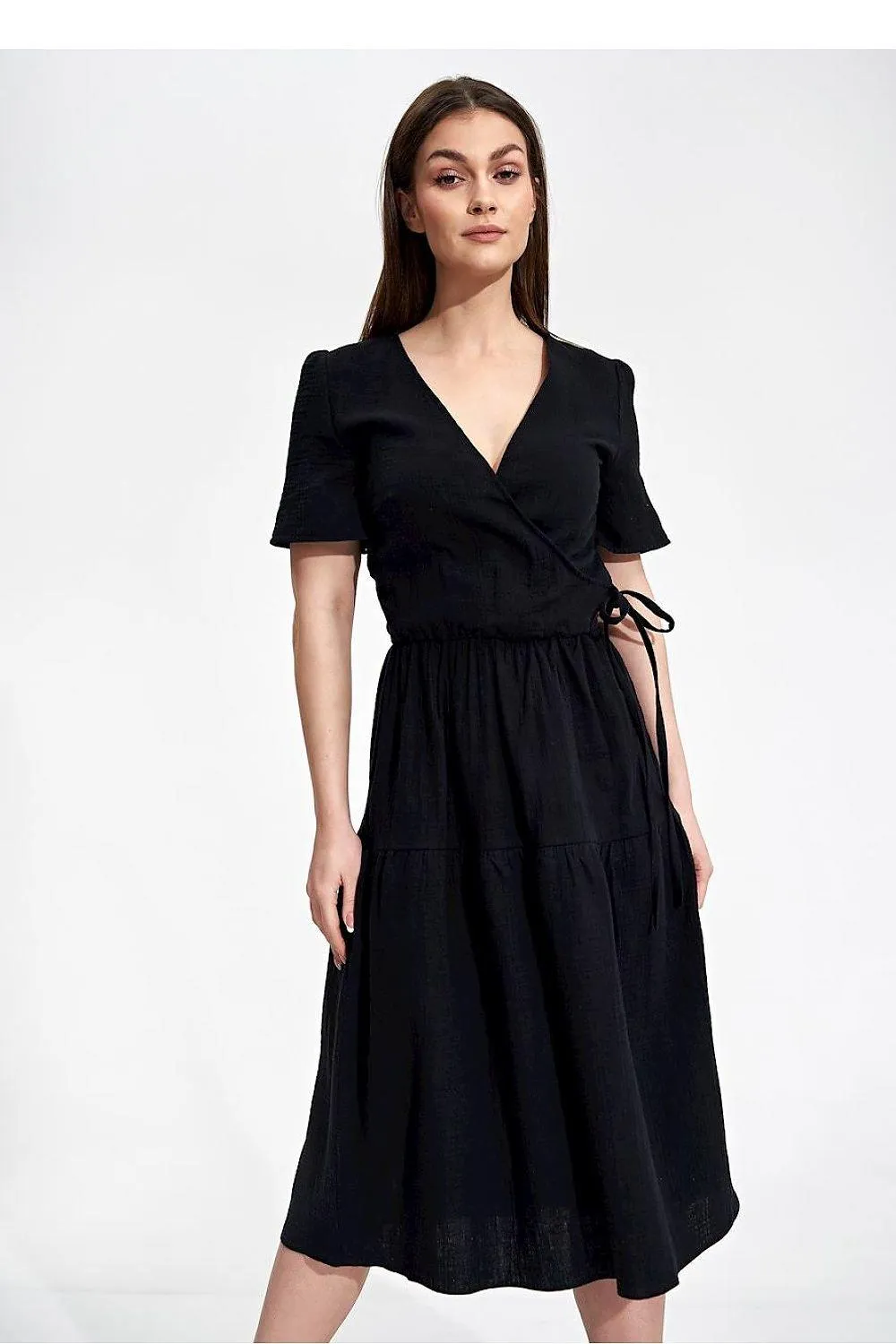 Elegant Flared Midi Envelope Dress with Short Sleeves and Chic Accents