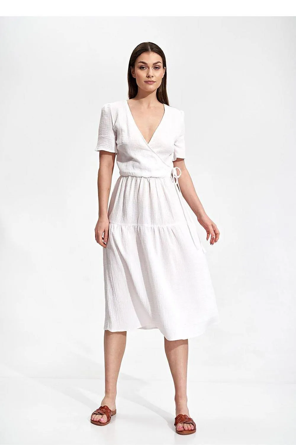 Elegant Flared Midi Envelope Dress with Short Sleeves and Chic Accents