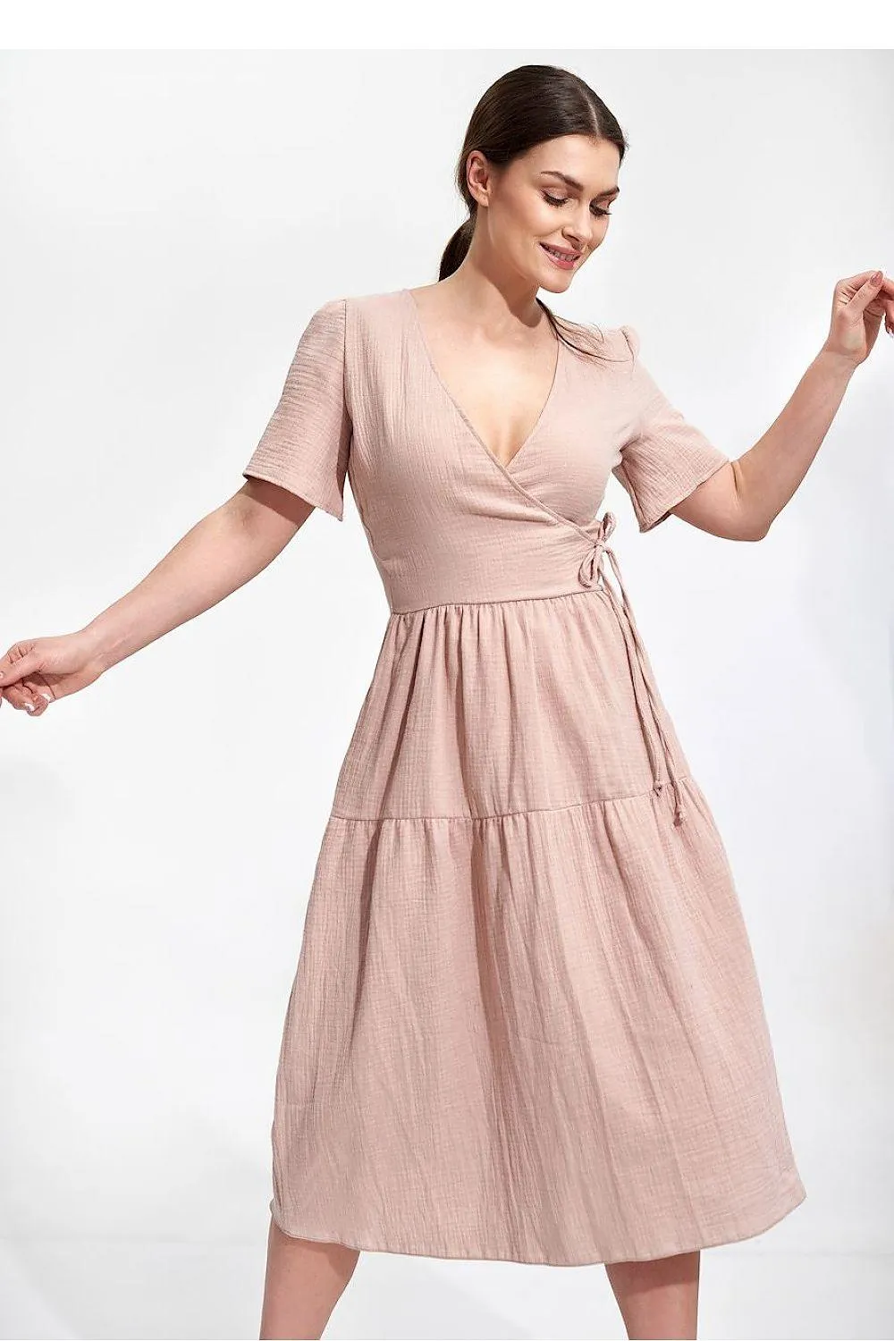 Elegant Flared Midi Envelope Dress with Short Sleeves and Chic Accents