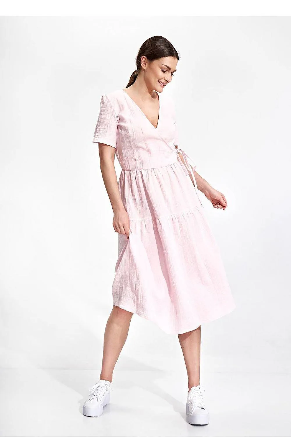 Elegant Flared Midi Envelope Dress with Short Sleeves and Chic Accents