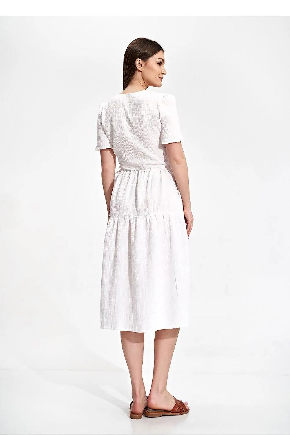 Elegant Flared Midi Envelope Dress with Short Sleeves and Chic Accents
