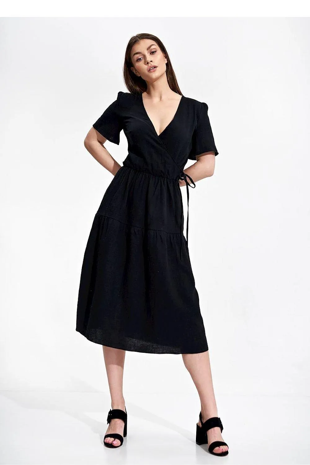 Elegant Flared Midi Envelope Dress with Short Sleeves and Chic Accents