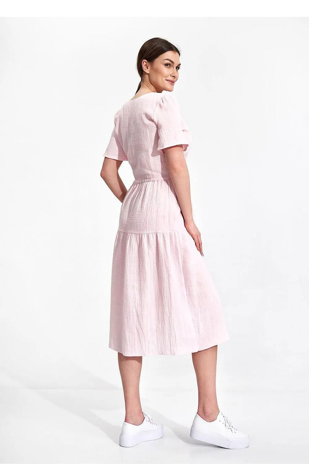Elegant Flared Midi Envelope Dress with Short Sleeves and Chic Accents