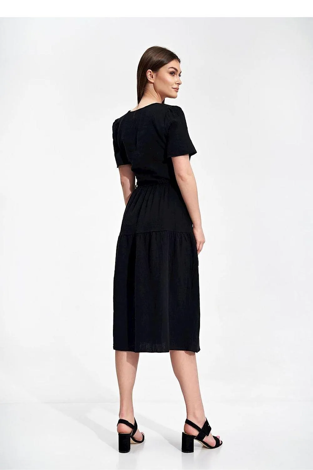 Elegant Flared Midi Envelope Dress with Short Sleeves and Chic Accents