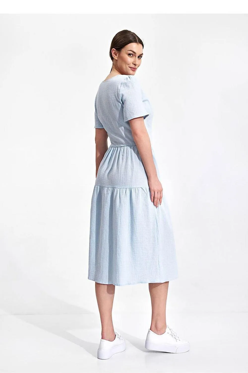 Elegant Flared Midi Envelope Dress with Short Sleeves and Chic Accents