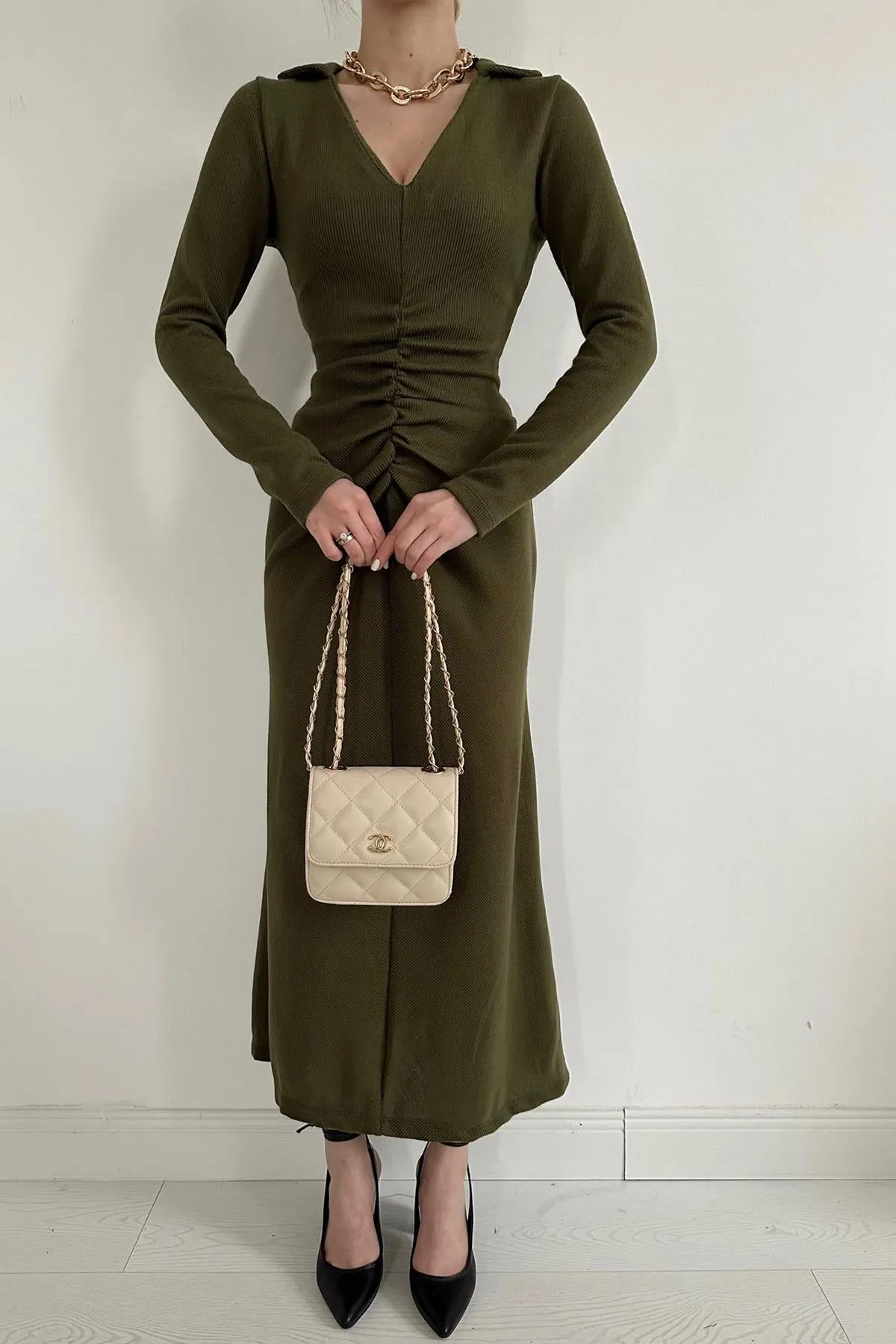 ELS Ruffled Knit Fish Dress - Khaki - Reims