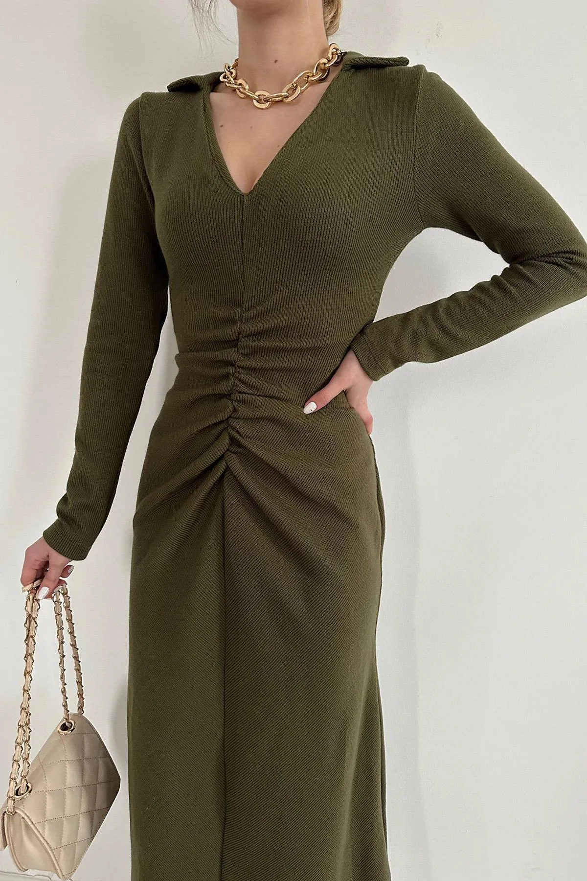 ELS Ruffled Knit Fish Dress - Khaki - Reims