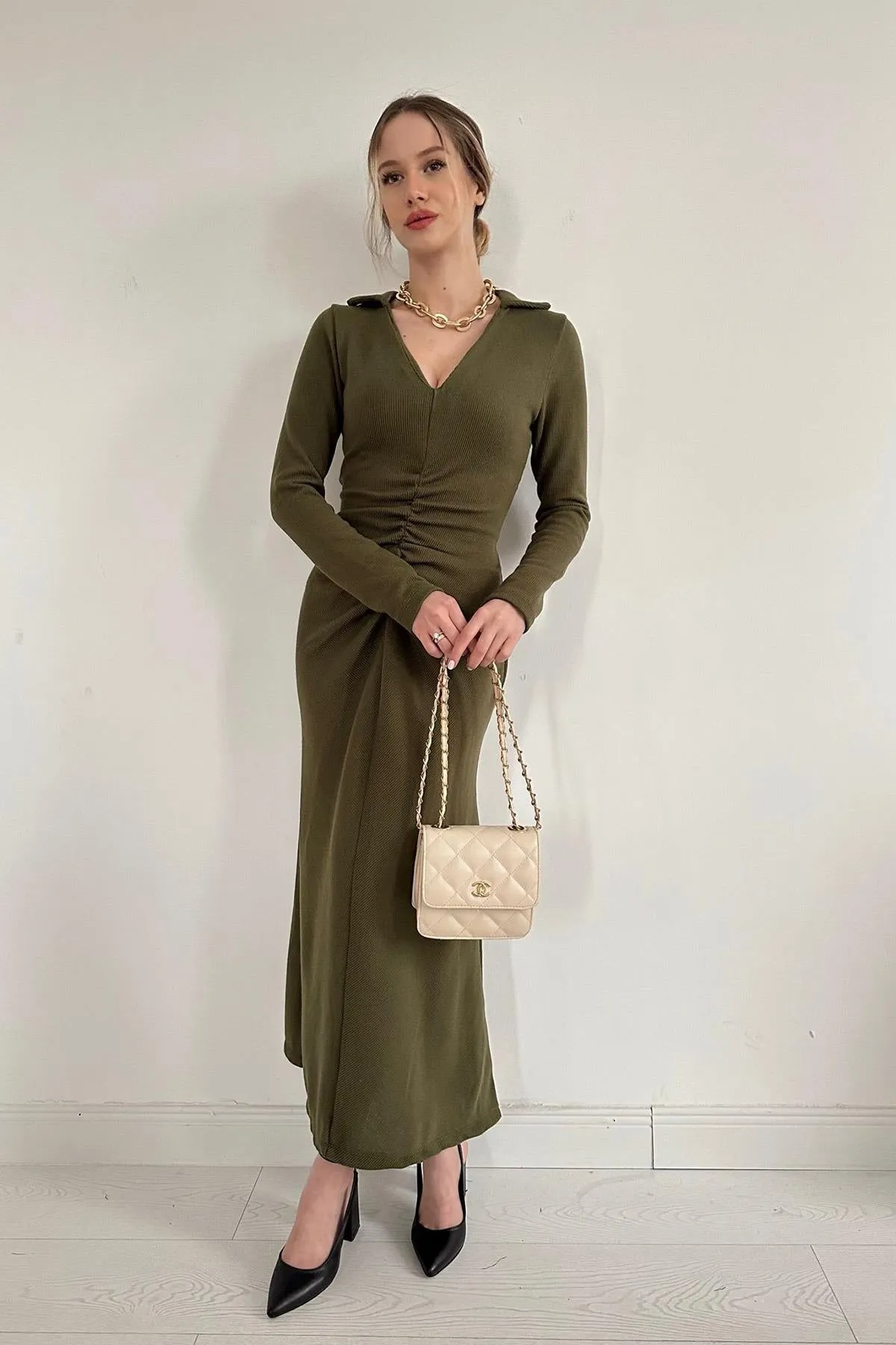 ELS Ruffled Knit Fish Dress - Khaki - Reims