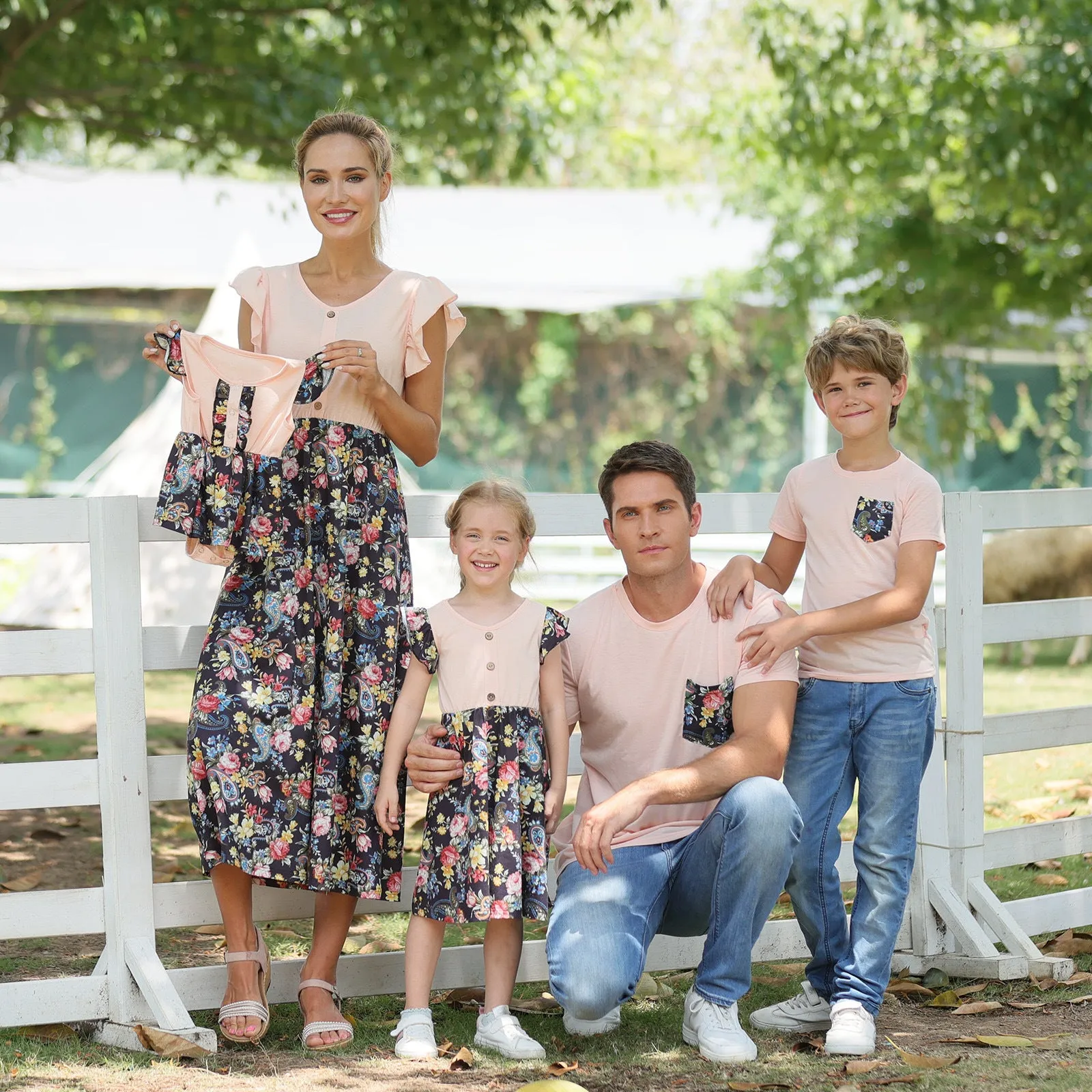 Family Matching Floral Print Splicing Dresses and T-shirts Sets