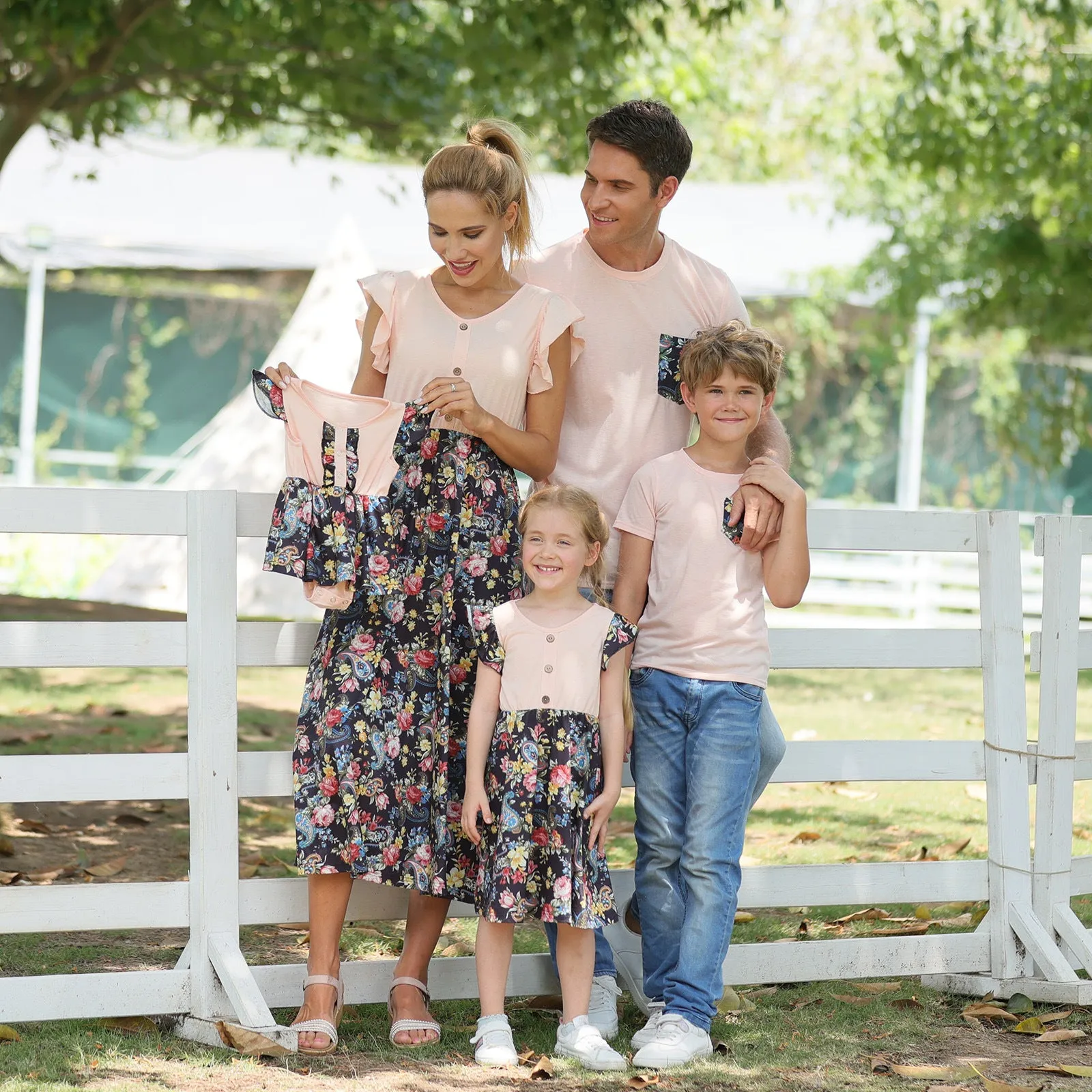 Family Matching Floral Print Splicing Dresses and T-shirts Sets