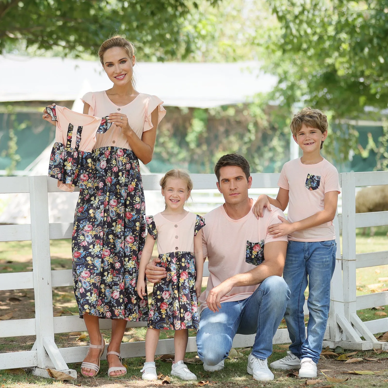Family Matching Floral Print Splicing Dresses and T-shirts Sets