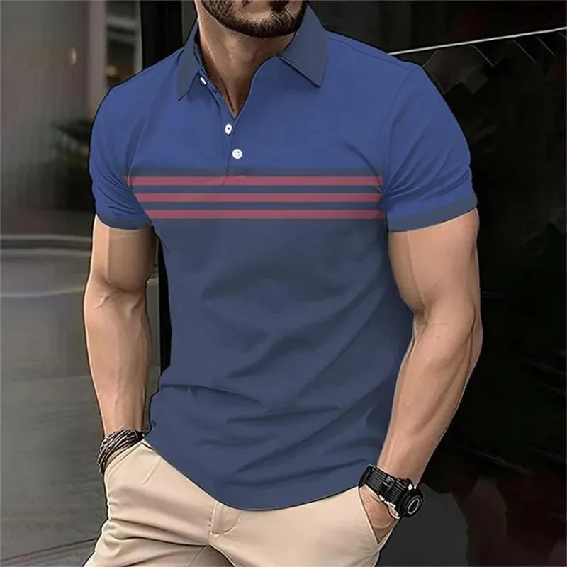 Fashion Stripe Polo T Shirt For Men-Casual Short Sleeve Top