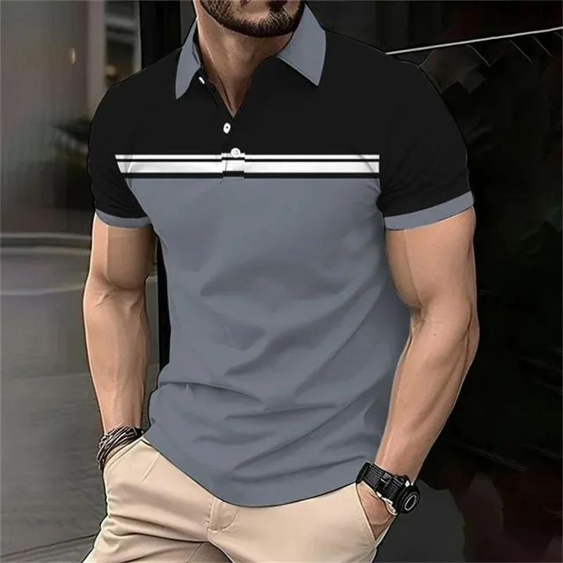 Fashion Stripe Polo T Shirt For Men-Casual Short Sleeve Top