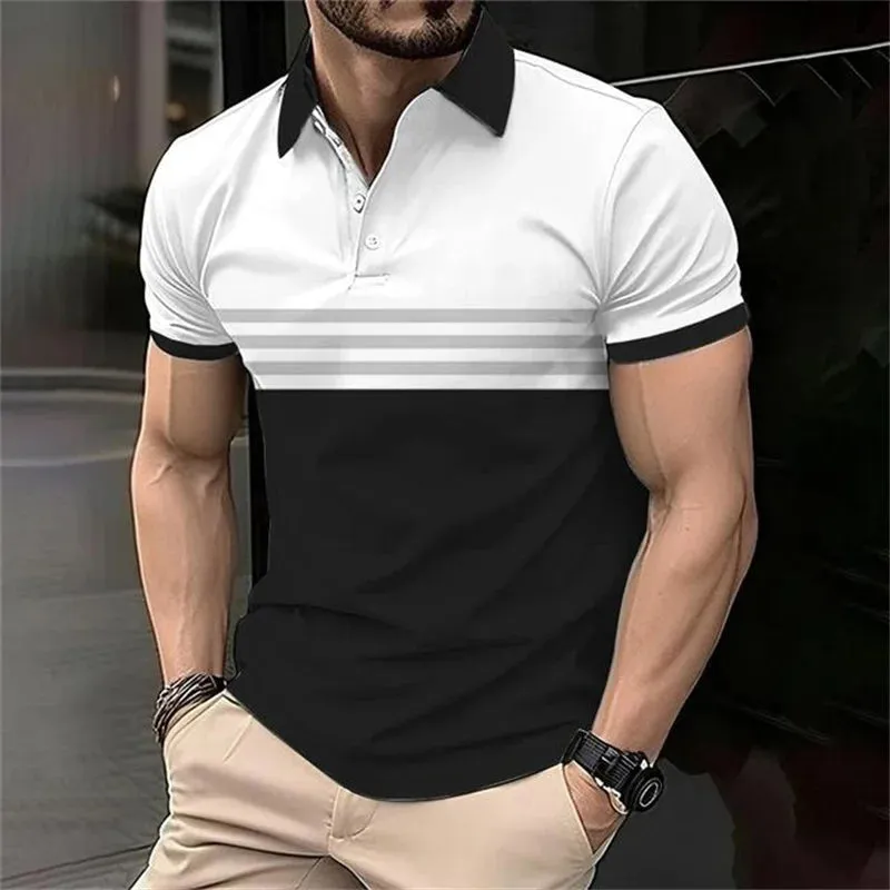 Fashion Stripe Polo T Shirt For Men-Casual Short Sleeve Top