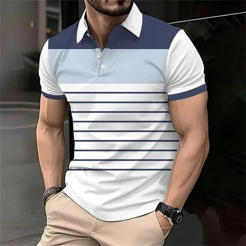 Fashion Stripe Polo T Shirt For Men-Casual Short Sleeve Top