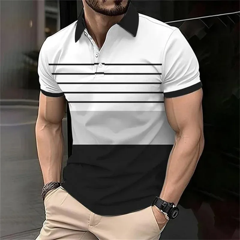 Fashion Stripe Polo T Shirt For Men-Casual Short Sleeve Top