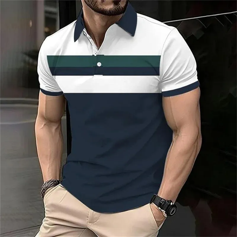 Fashion Stripe Polo T Shirt For Men-Casual Short Sleeve Top