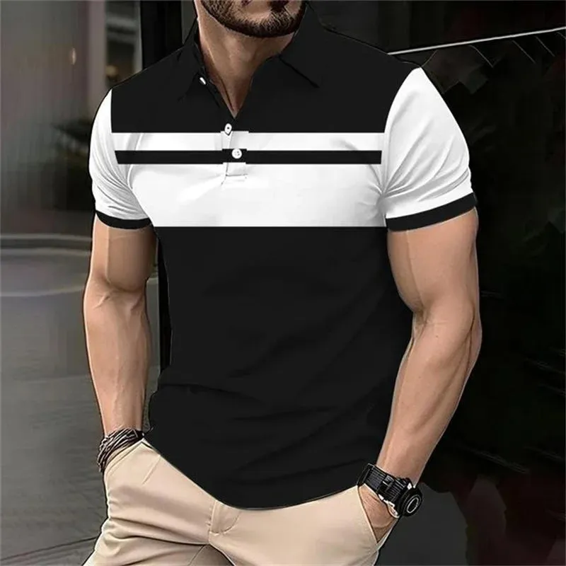 Fashion Stripe Polo T Shirt For Men-Casual Short Sleeve Top