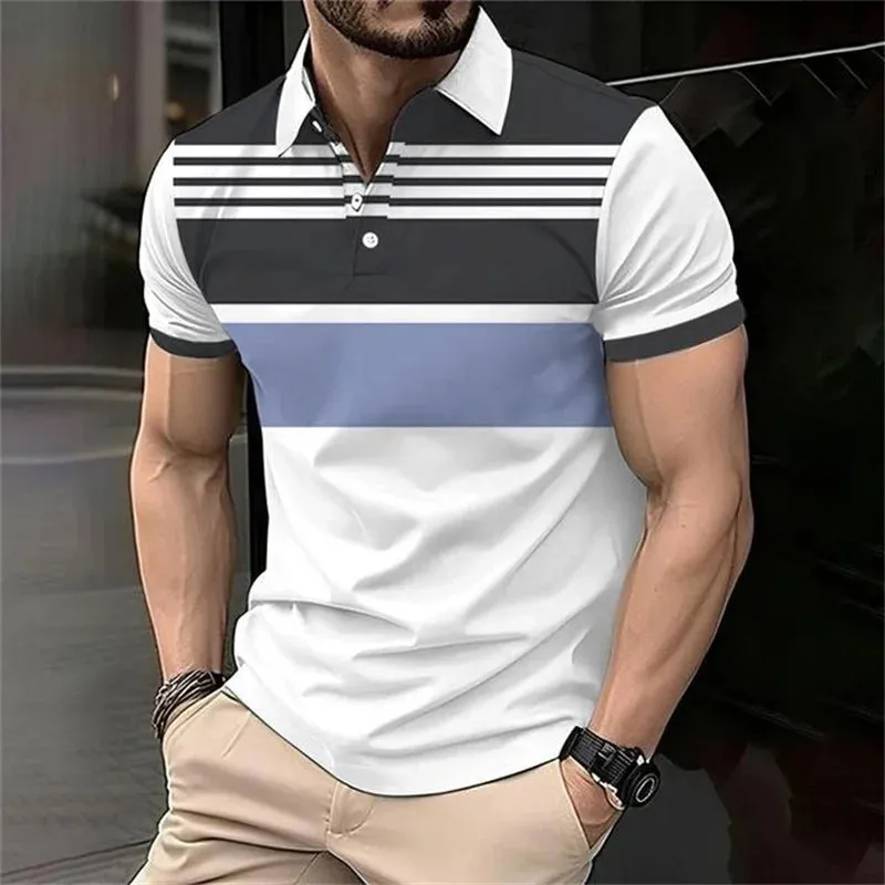 Fashion Stripe Polo T Shirt For Men-Casual Short Sleeve Top