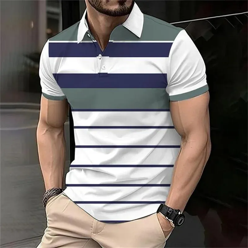 Fashion Stripe Polo T Shirt For Men-Casual Short Sleeve Top