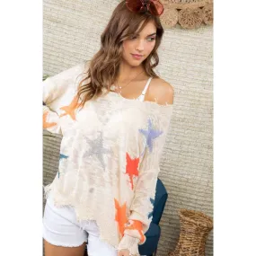 Frayed V Neck Multi Color Star Sweater