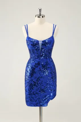 Glittler Royal Blue Spaghetti Straps Lace Up Short Homecoming Dress with Slit