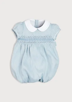 Hand Smocked Peter Pan Collar Short Sleeve Romper in Blue (3-18mths)
