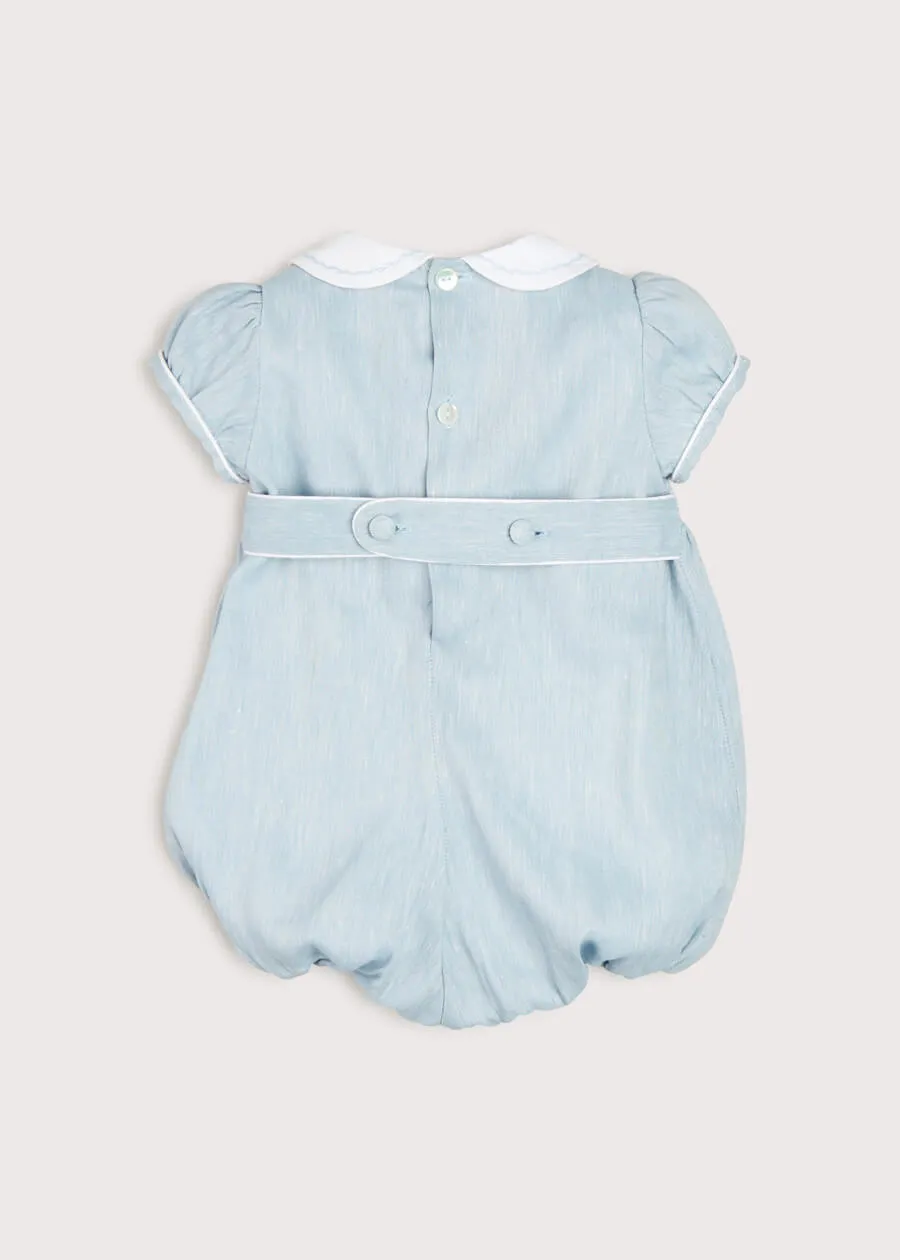 Hand Smocked Peter Pan Collar Short Sleeve Romper in Blue (3-18mths)