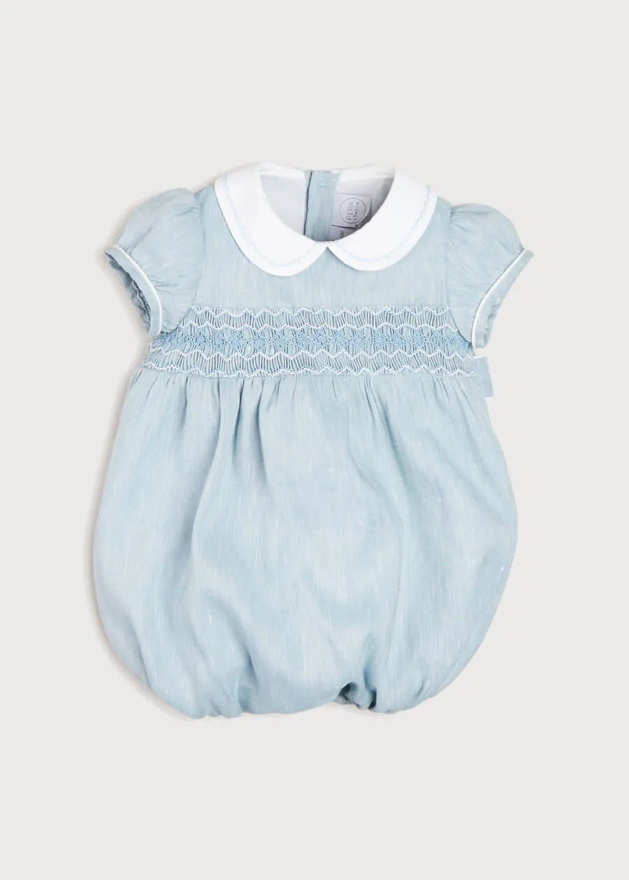 Hand Smocked Peter Pan Collar Short Sleeve Romper in Blue (3-18mths)
