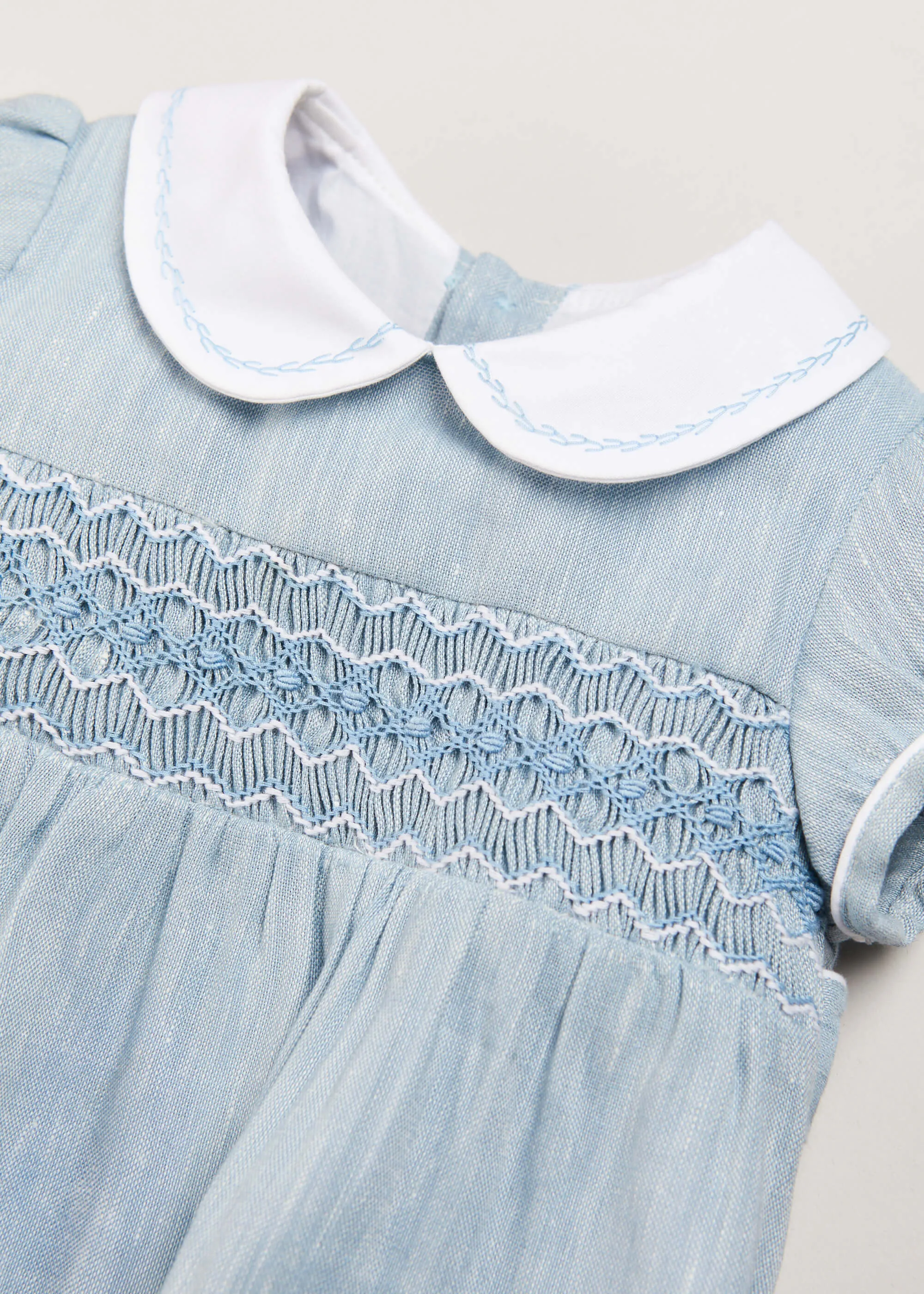 Hand Smocked Peter Pan Collar Short Sleeve Romper in Blue (3-18mths)
