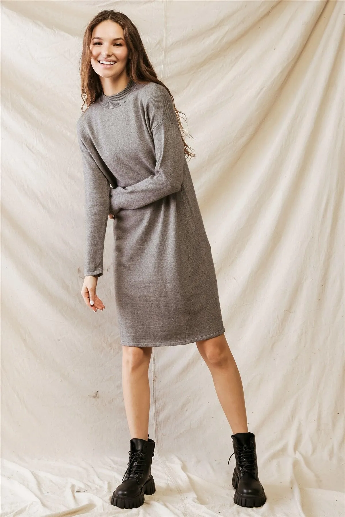 Heather Grey Viscose Blend Knit Long Sleeve Midi Dress /1-1-2