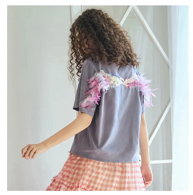 JAM PRINCESS LOGO WINGS BEADED EMBROIDERY T SHIRT IN MULTI COLOR