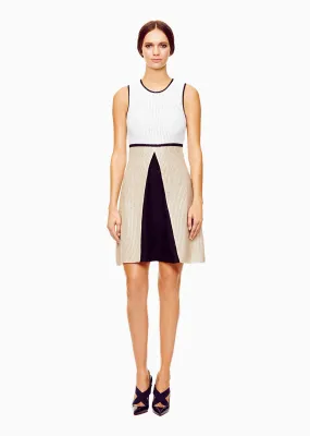 Karine - Pleated White, Black and Tan Color Block Dress