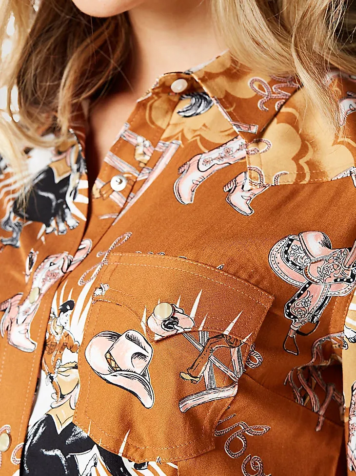 Ladies Wrangler Bold Bucking Cowboy Western Snap Shirt - 112336515