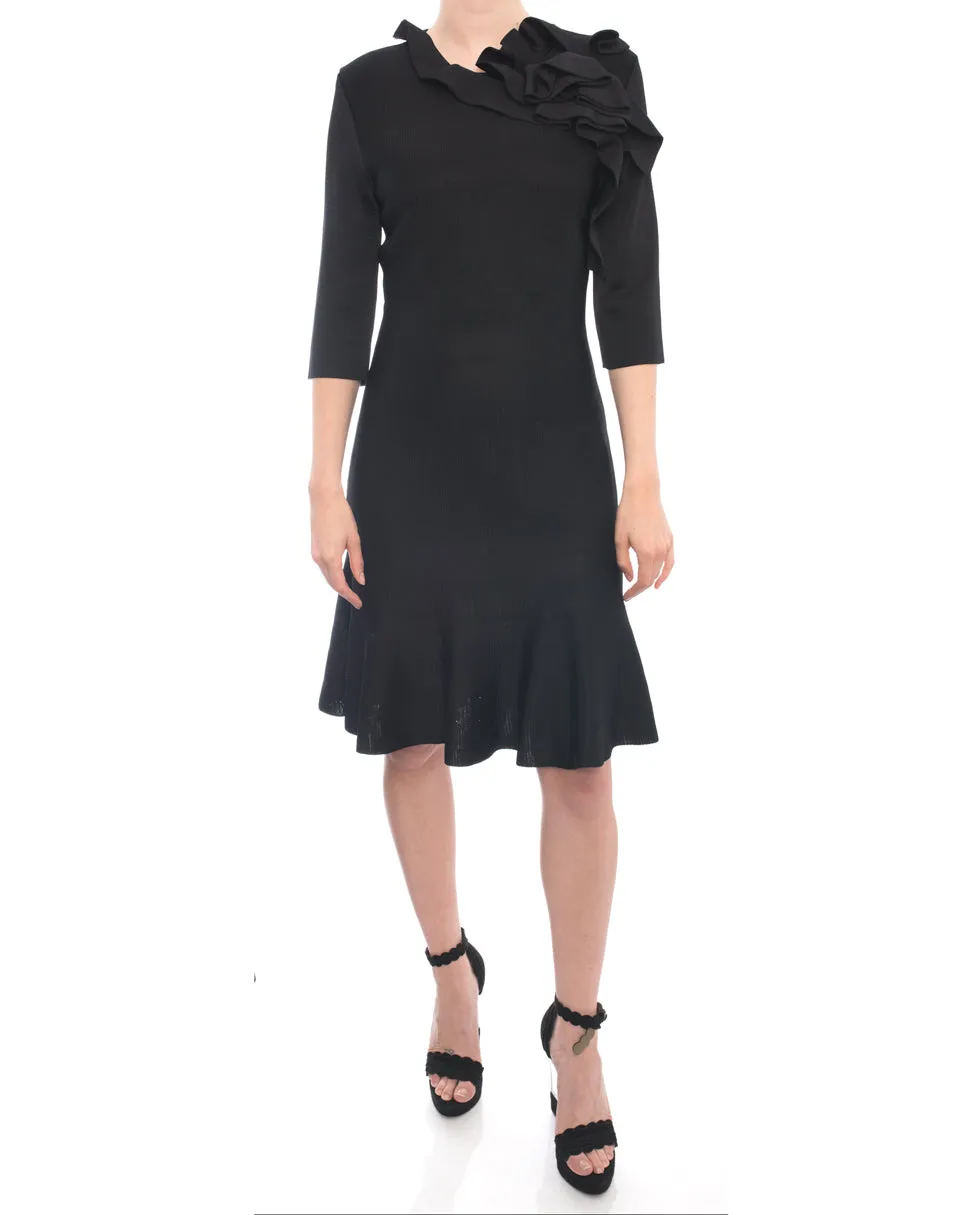 Lanvin Black Pointelle Knit Ruffle Dress with Flared Hem - 8