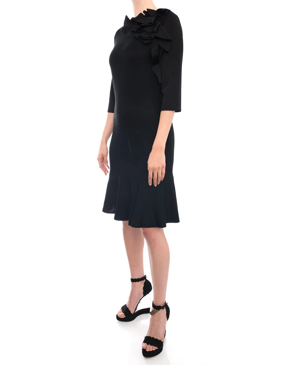Lanvin Black Pointelle Knit Ruffle Dress with Flared Hem - 8